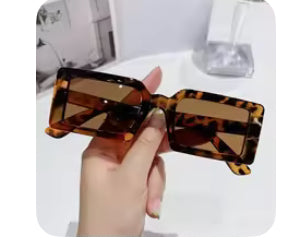 Tortoiseshell sunglasses held by a hand against a blurred indoor background