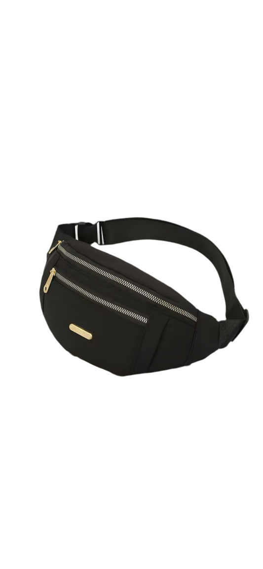 A black fanny pack with a zipper, suitable for men and women, designed for waist carrying.