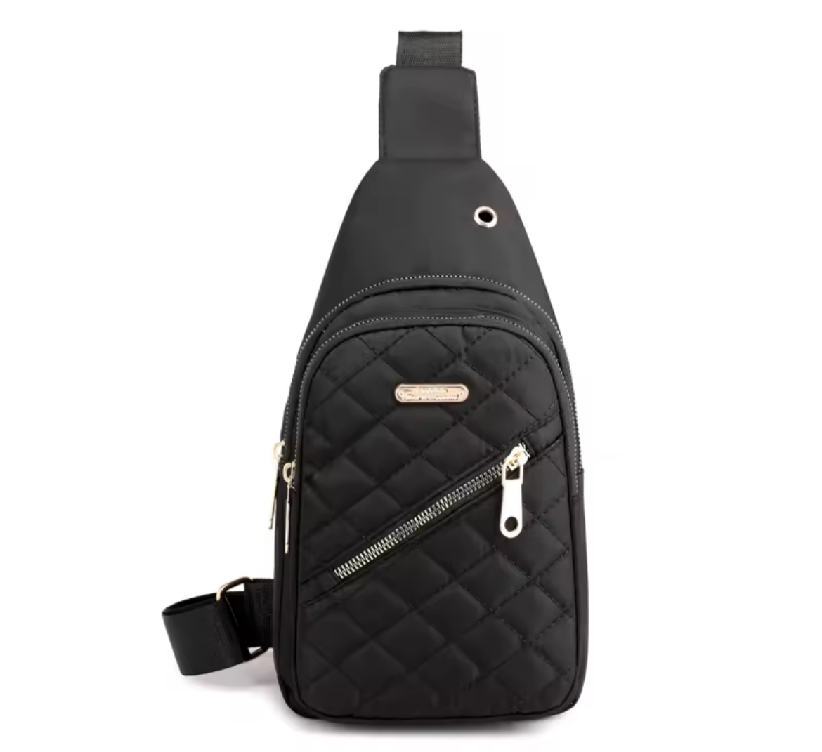 Black quilted crossbody bag on a white background