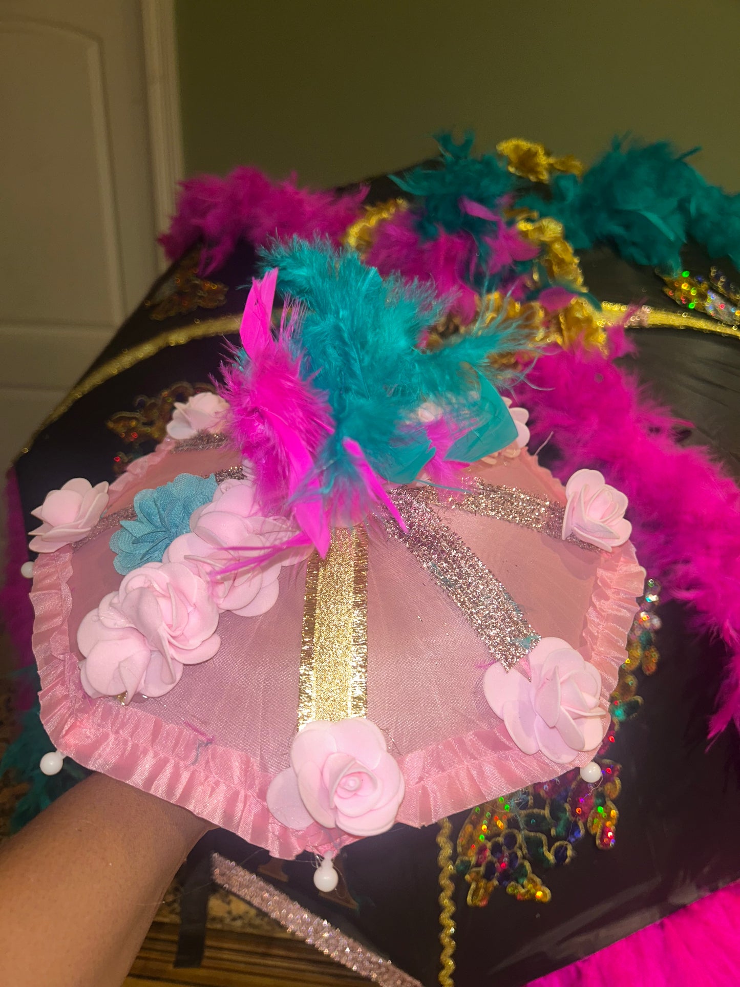 Custom Second Line Umbrella – Personalized Feather & Glitter Parade Umbrella starting price $40