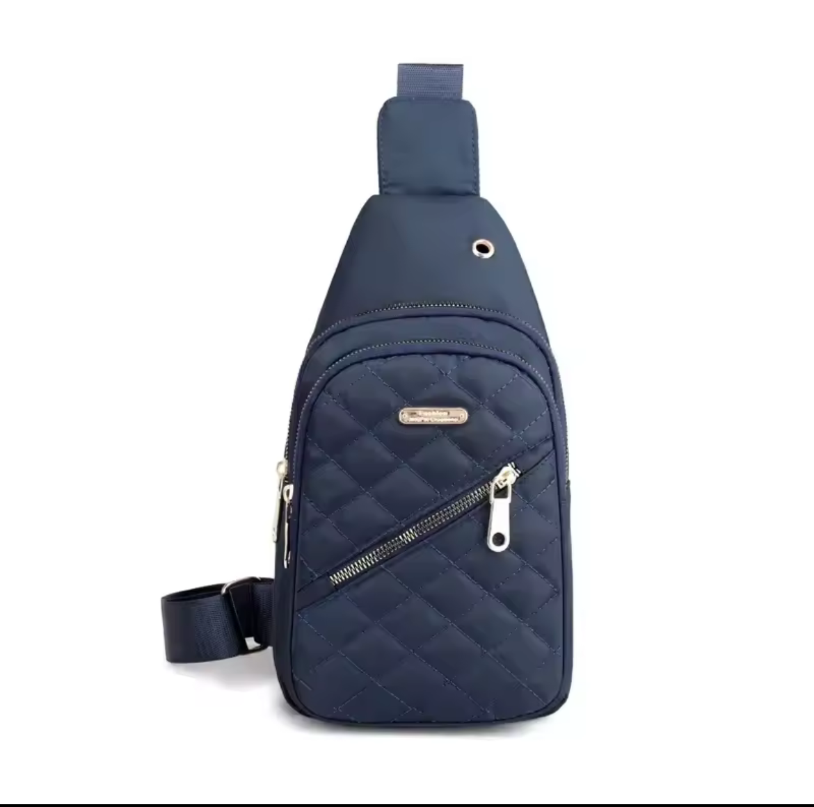 Navy blue quilted sling bag on a white background