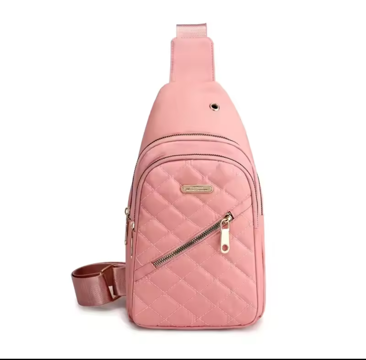 Pink quilted sling bag on a white background