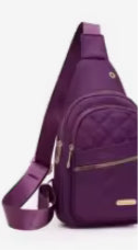 Purple crossbody bag with a gold accent on a white background